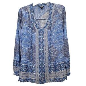 Lucky Brand Blue Scarf Print Tie-Neck Long Sleeve Peasant Top Size Large Boho
